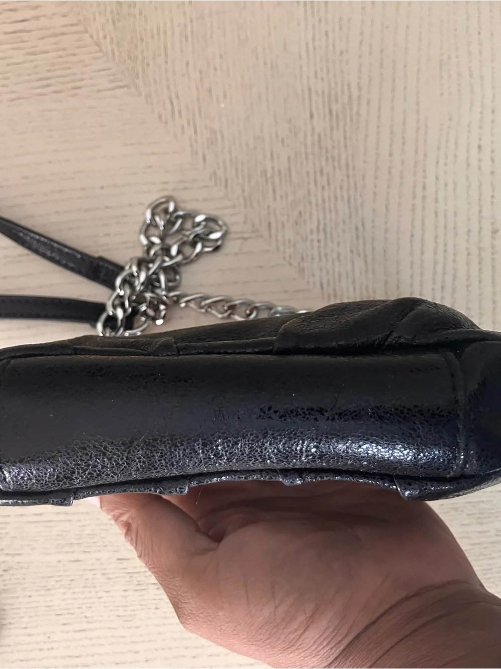 Badgley Mischka Black Wrinkled Leather Crossbody Mini Silver Chain and Turn-Lock